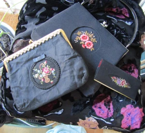 Original Vintage 1950's Black Fabric, Needlepoint Embroidered Bags and Comb Case - Picture 1 of 8