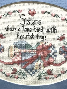 Vintage Framed Cross Stitch “Sisters” Hearts And Heart Strings Blue Pink Green - Picture 1 of 6