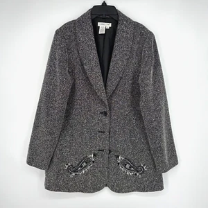 Coldwater Creek Womens Size 12 Vintage Blazer Jacket Black White Boucle Paisley - Picture 1 of 8