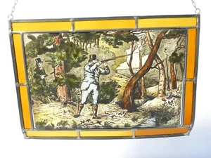 Vintage Shooting Scene Lead Lined Hand Painted Stained Glass Window Hanging - Picture 1 of 6