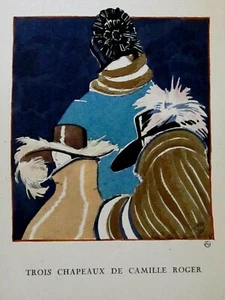 P. Woodruff TROIS CHAPEAUX DE CAMILLE ROGER Pochoir Gazette Bon Ton EO 1921 - Picture 1 of 8