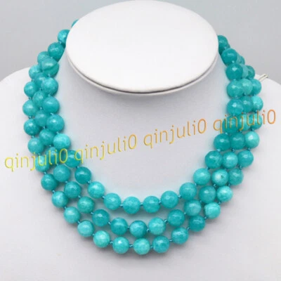 Collar de cuentas redondas de piedras preciosas de aguamarina azul natural facetadas de 3 filas de 10 mm 18-20"" Foto 1 de 3