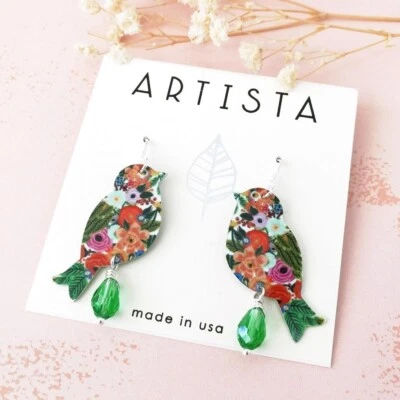 Artista Earrings La Fleur Retro Floral Bird with Green Bead Handmade Unique Gift - Image 1 of 3