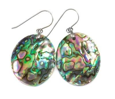 Abalone Shell Earrings Large Oval Blue Peacock MOP Simple 14k Gold Sterling 1.8 - Image 1 of 4