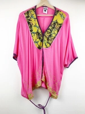 Kimono Nuvula Feminino Top Rosa Amarelo Floral Decote V Cordão Bordado G - Imagem 1 de 4