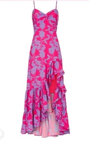Slate &Willow High-Low Maxi Dress 10 Tropical Floral Pink Purple Ruffle Vacation - Picture 1 of 12