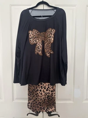 Shein гостиной комплект женщин 5XL черный леопард бант Топ брюки плюс размер пижамы - Изображение 1 из 4