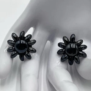 Vintage Black Flower Floral Earrings Screw Back Shiny Marked Western Germany - Picture 1 of 8