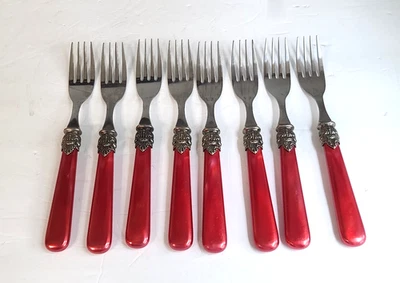 8 Red Pearl Handle Plastic Stainless Steel Dinner Forks Like EME Marked China - Image 1 of 3