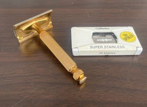 Vintage Gillette Gold Toned Tech Ball End Double Edge Safety Razor And Blades - Picture 1 of 8