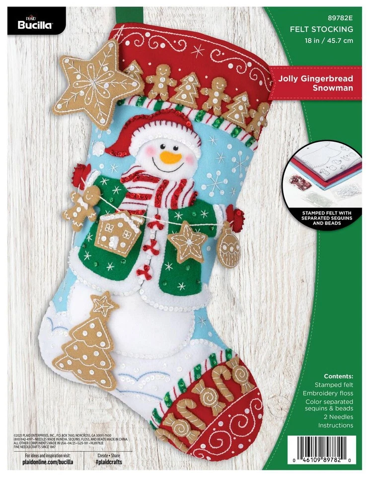 Bucilla Felt Stocking Applique Kit 18" Long-Jolly Gingerbread Snowman - Image 1 of 1