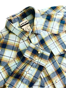 Ariat Men XL Retro Fit Button Down Shirt Pearl Snaps Plaid Pockets Western Rodeo - Picture 1 of 17
