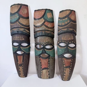 3 Vintage African Wooden Mask Set Hand Carved Tribal Collectable - Picture 1 of 13