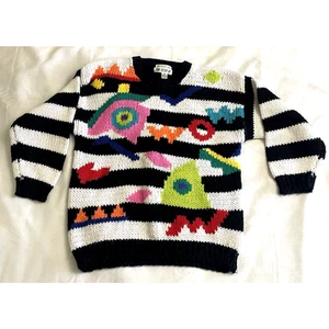One Step Up Knotted By Hand 80”s Sweater Women’s Sz M Black/White Pullover - Picture 1 of 6