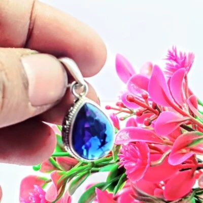 Blue Sapphire Lab Created Gemstone Handmade Pendant.925 Silver Christmas pendant - Image 1 of 4