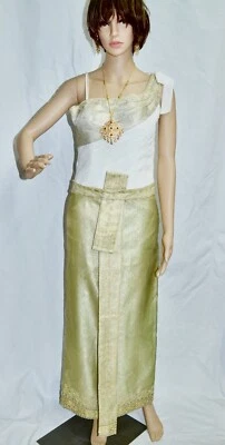 Traditional Thai clothing costume dress white olive green - Image 1 of 4