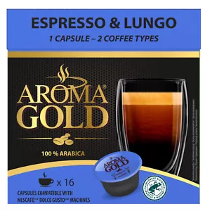 AROMA GOLD ESPRESSO LUNGO Flavor Coffee Capsules Box for Dolce Gusto Machines - Picture 1 of 3