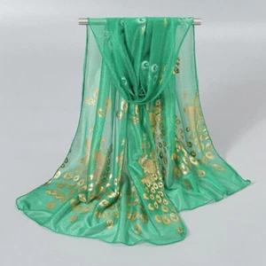 Damenmode grün mit Gold Pfauenmuster Chiffon Schal Halstuch Stola. Größe 24 x 66 Zoll - Bild 1 von 2