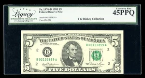 DBR 1981 $5 FRN New York Fr. 1976-B Legacy 45 PPQ Serial B02133859A - Picture 1 of 2