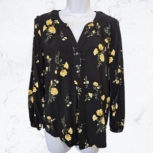 Nueva Blusa Top Antigua Azul Marino Negra y Amarilla Floral Botón Frontal Talla S - Imagen 1 de 6