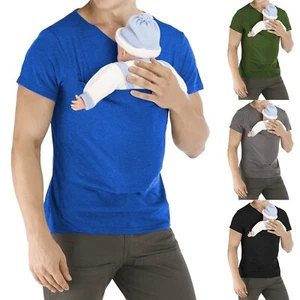 Mens Baby Carrier Shirt V Neck Short Sleeve Skin to Skin T-Shirt Top with Pocket - Picture 1 of 19