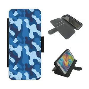 Blue Camouflage Phone Case wallet For iPhone for Samsung flip Cover - Picture 1 of 4