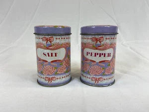 Cute Vintage Bows & Roses Salt and Pepper Shakers Lavender Purple Handled 1993 - Picture 1 of 8