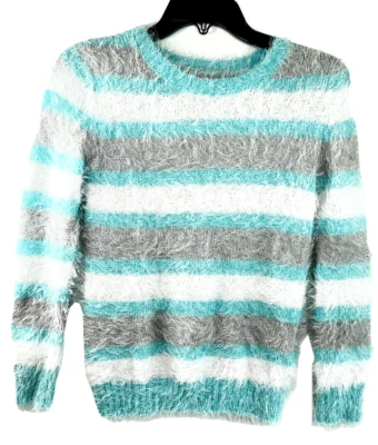 J Khaki Sweater L Girls Blue white grey stripe furry soft metallic long sleeve - Image 1 of 4