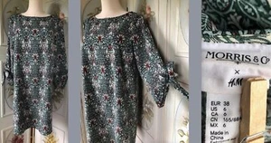 MORRIS & CO H&M ART NOUVEAU FLORAL MINI DRESS GREEN ECRU WOMEN'S 1/2SLEEVE GUC 6 - Picture 1 of 10