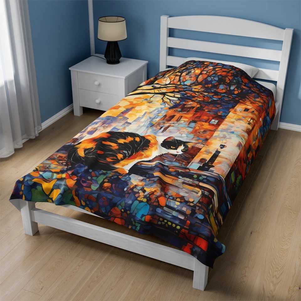 Calico Cat in the City - Velveteen Plush Blanket, Cat Lover Gift - Image 1 of 1