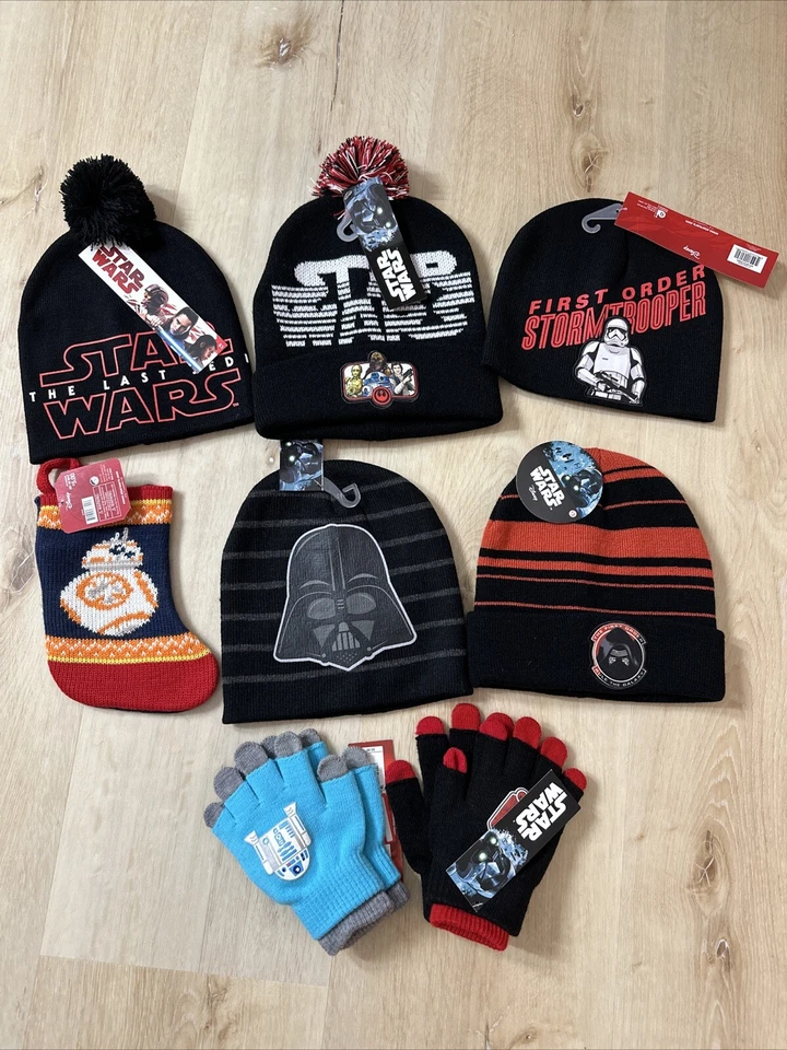 Star Wars Jedi Stormtrooper Kids Beanie Winter Hats Lot Of 6 + Gloves, Stocking - Image 1 of 4