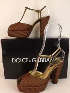 NIB DOLCE & GABBANA BROWN RAFFIA LEATHER T STRAP PLATFORM SANDALS PUMPS 38.5 - Picture 1 of 12