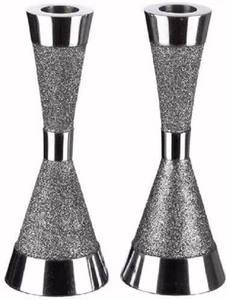 Art Judaica Glitter Finish Aluminum Candlesticks 7" Tall (Silver) - Picture 1 of 2
