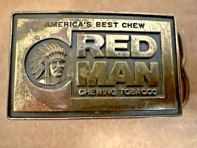 Fivela de cinto promocional RED MAN America's Best Chewing Tobacco latão maciço vintage - Imagem 1 de 4