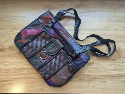 Vintage Look 80s Geniune Leather Patchwork Handbag Purse Shoulder Multi (T10) Foto 1 de 4