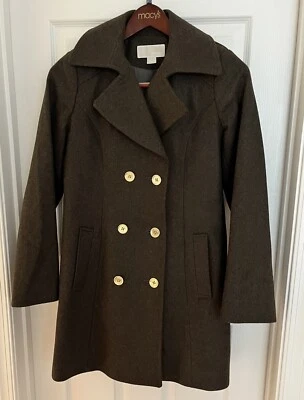 Nuevo Abrigo Michael Kors Doble Pecho Militar Verde Mezcla de Lana Guisante Pequeño Foto 1 de 4