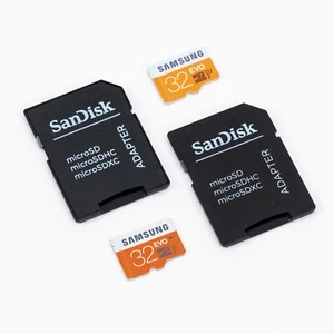 Pair of Samsung EVO 32GB Micro SD SDHC Class 10 Memory Cards SanDisk Adapters - Picture 1 of 6