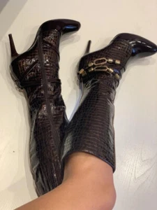 Brown Leather Knee High Boots US Sz 7 / 7.5 New, Metal Chain Eur sz 37.5 - Picture 1 of 17