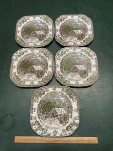 Set of 5 Johnson Bros The Friendly Village Covered Bridge Square Salad Plates - Picture 1 of 6