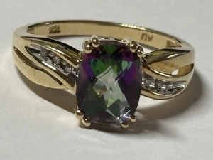 Signed AU 10k Yellow Gold Mystic Topaz Solitaire with Accent  Ring in a Size 7 - Bild 1 von 11
