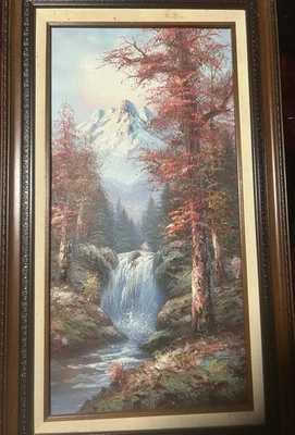 Oil Painting Canvas Sgd. M.Scott 3D Fall Mountain River Forest Framed. - image 1 of 2