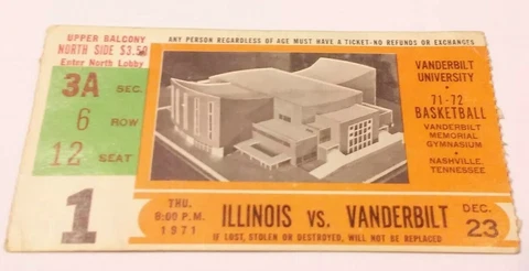 1971-72 Vanderbilt Commodores Illinois Basketball Ticket Stub Cover