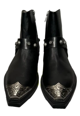 Mens Vegan Cowboy Boots UK 12 / 46 Koi Black Faux Leather Zipped Ankle Silver