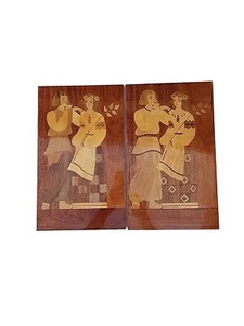 VTG 80s Soviet Ukraine Folk Art Wood Marquetry Hand Inlay Wall Plaque Set Of 2 - Picture 1 of 19