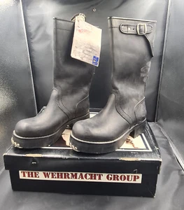 Vintage 90s Leather BLACK Boots Wehrmacht PUNK MOTORCYCLE NOS US5.5 EU36 size - Picture 1 of 9