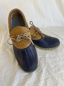 LL Bean USA Women's Rubber Moc Low Duck Boots Tan Blue S 8 M Item Nice Condition - Picture 1 of 10