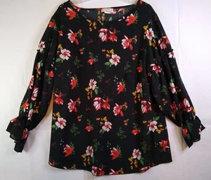 ALESSA W COLLECTION Women's Plus Size 18 Black Floral Top Elastic Cuff EUC - Picture 1 of 8