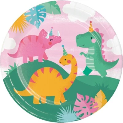Girl Dinosaur Party Plates 8pk 23cm -  Girl Dinosaur Party Supplies - Image 1 of 2