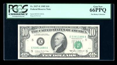 DBR 1985 $10 FRN Richmond Fr. 2027-E Gem PCGS 66 PPQ Serial E53811880A - Image 1 of 2