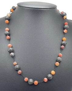 Necklace Women 16" Beaded Black & Red Orange Lava Rock 925 Silver Clasp - Picture 1 of 9